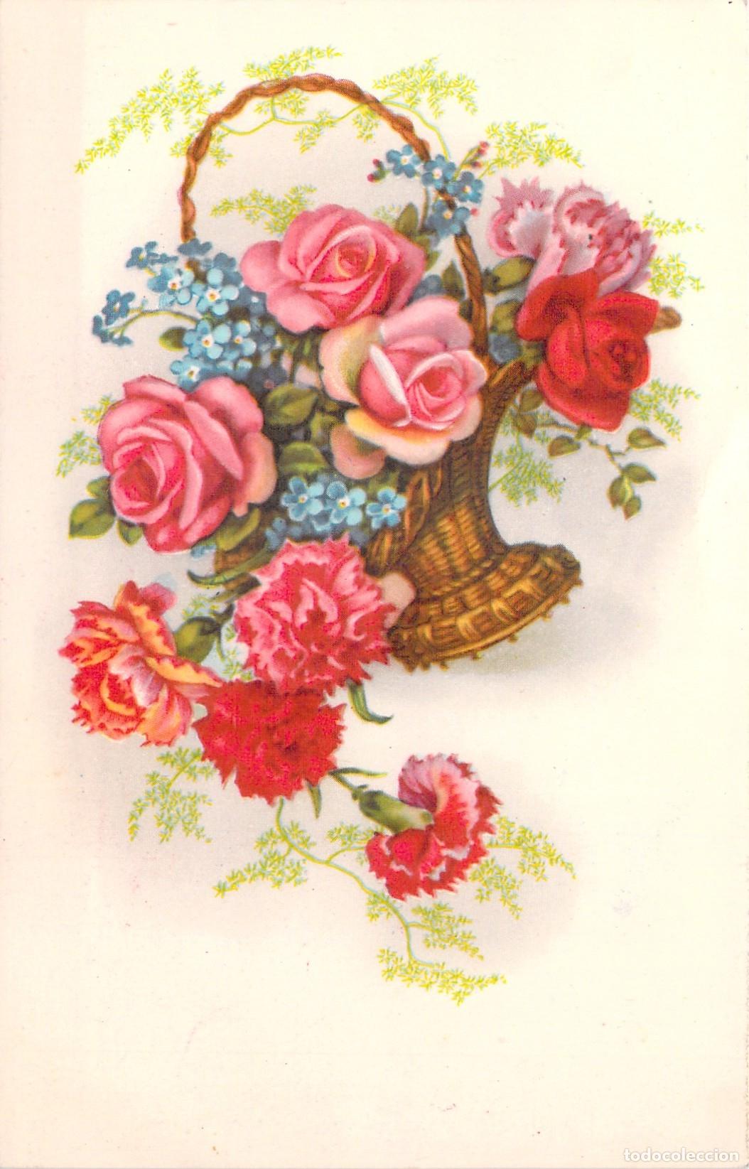 Cartes Postales: Postal Art&iacute;stica con Cesta de Hermosas Rosas y Claveles
