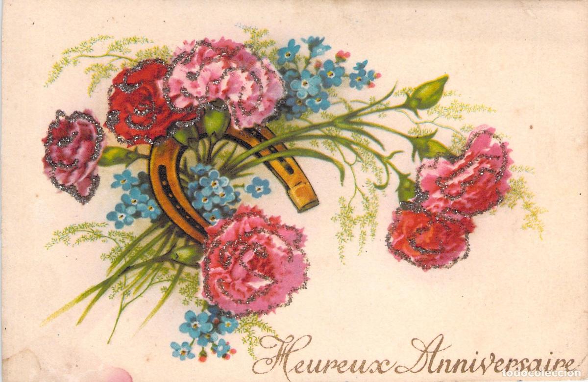Cartes Postales: Postal de Feliz Cumplea&ntilde;os Heureux Anniversaire con Flores y Herradura