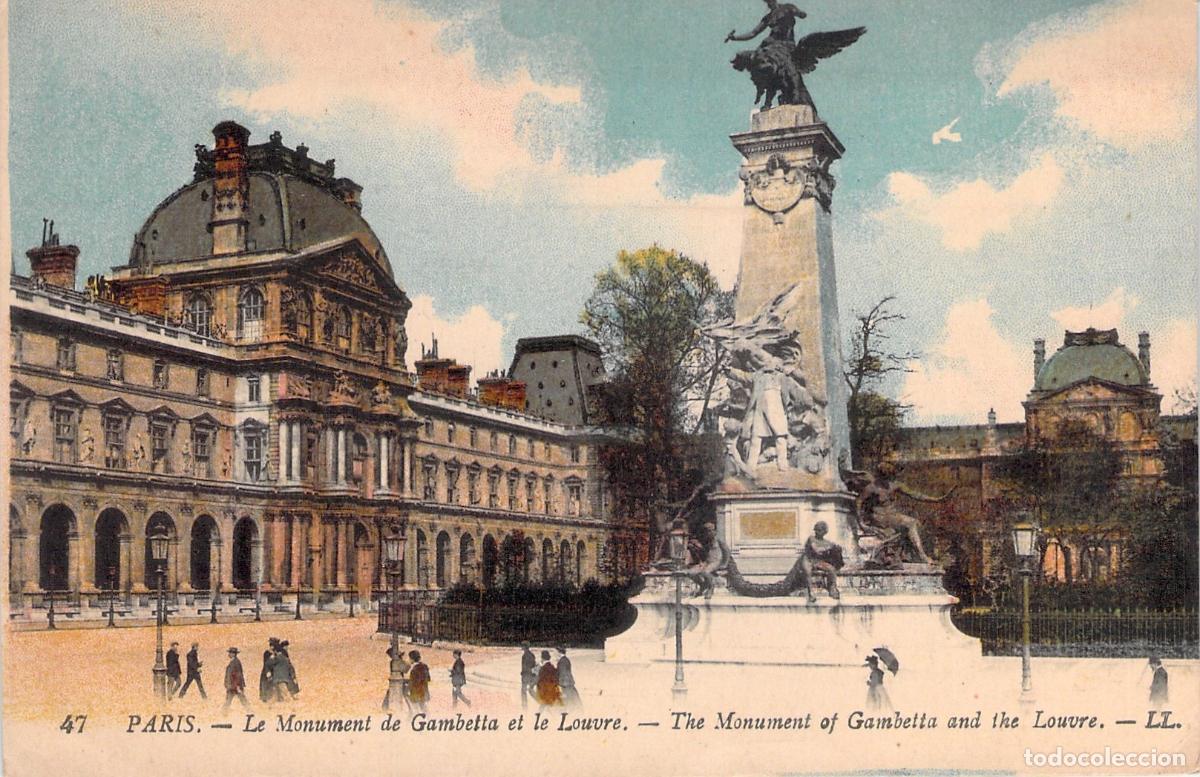 Postkarten: Postal del Monumento de Gambetta y el Museo del Louvre en Par&iacute;s