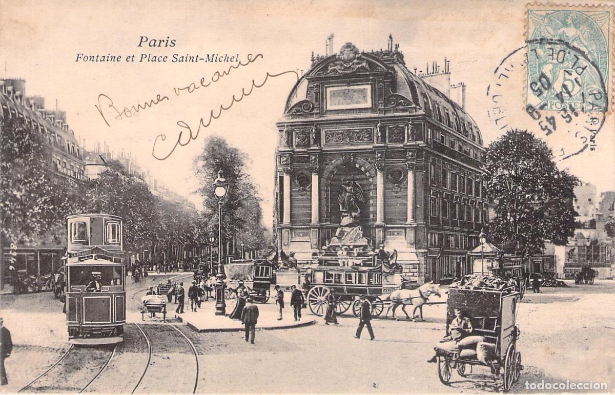Postales: Postal de la Fuente y Plaza Saint-Michel en Par&iacute;s