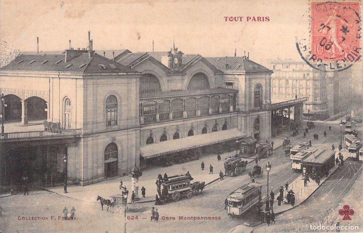 Postales: Postal de la Gare Montparnasse de Par&iacute;s con Tranv&iacute;as