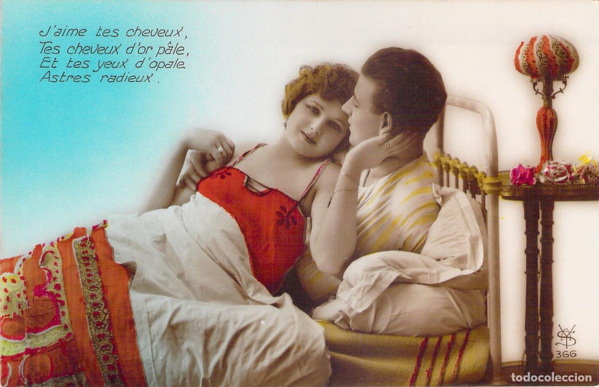 Cartes Postales: Postal Francesa Rom&aacute;ntica de Pareja Coloreada a Mano con Poes&iacute;a
