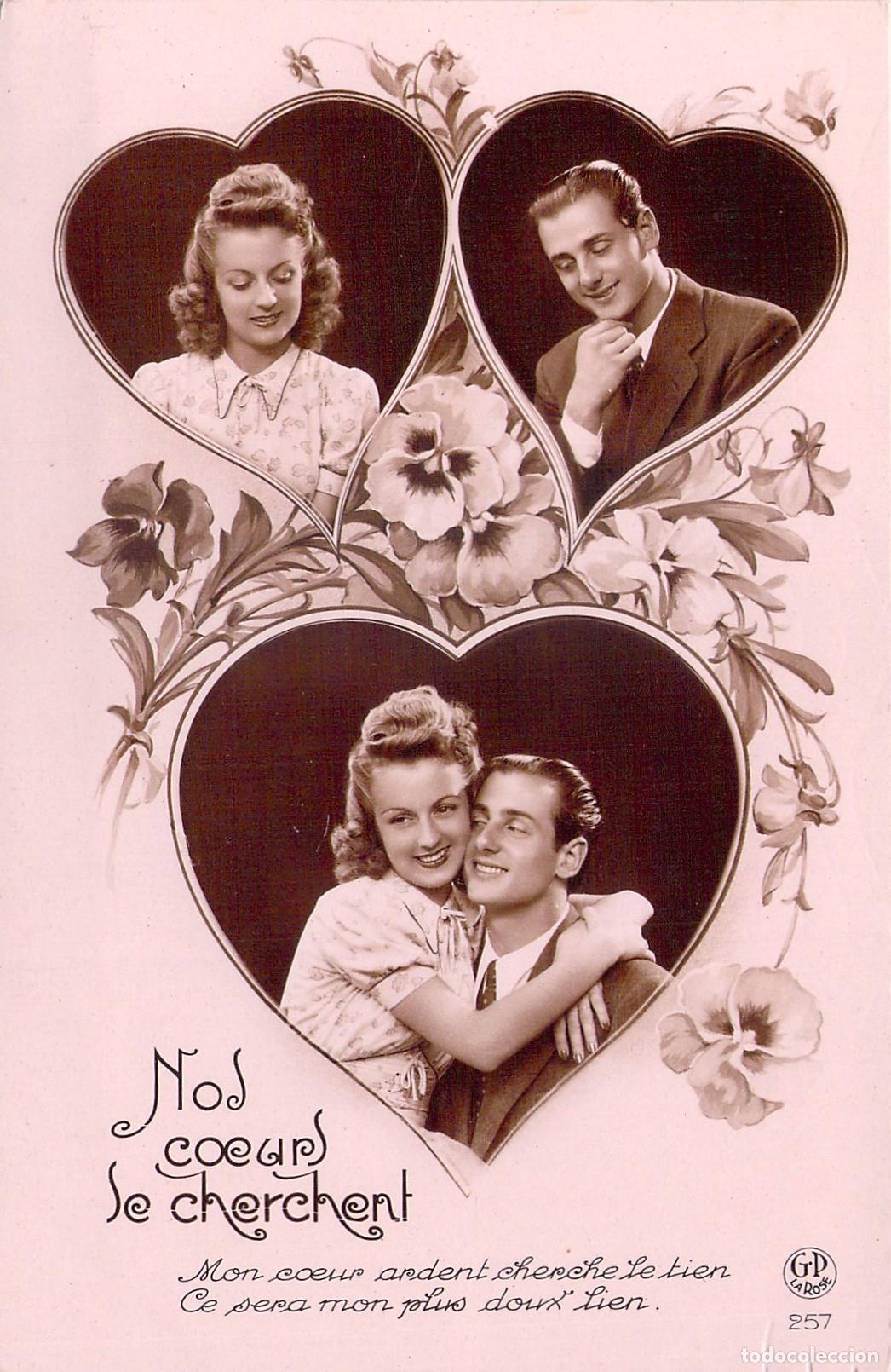Cartes Postales: Postal Rom&aacute;ntica Francesa con Corazones y Pareja