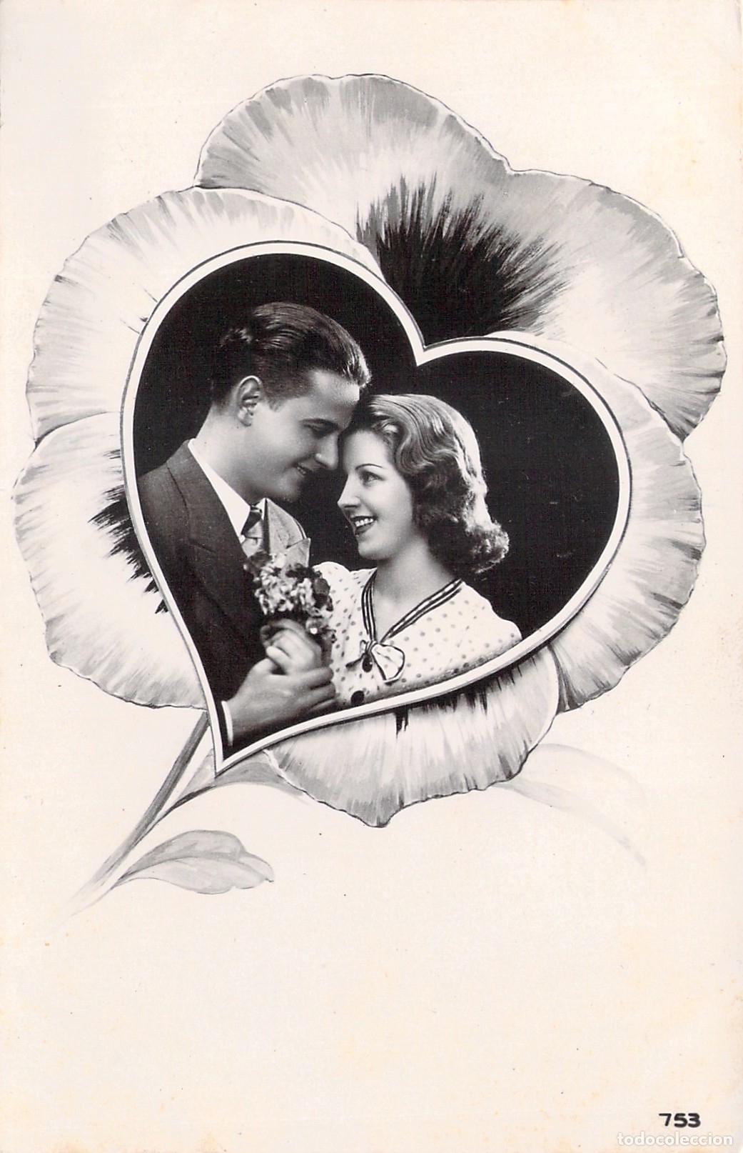 Cartes Postales: Postal Francesa de Amor con Pareja en Flor de Pensamiento