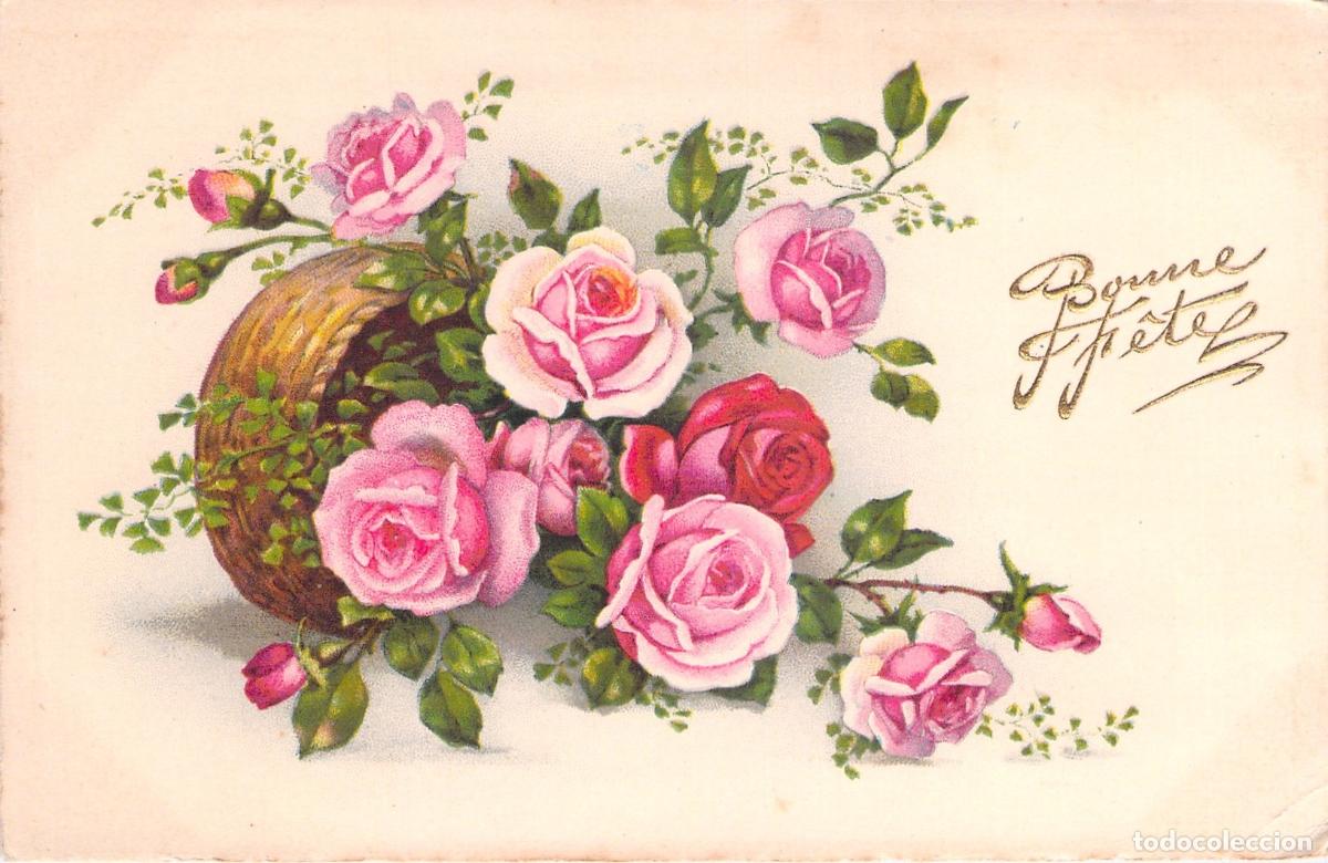 Cartes Postales: Postal Bonne F&ecirc;te Ilustraci&oacute;n de Rosas en Cesta