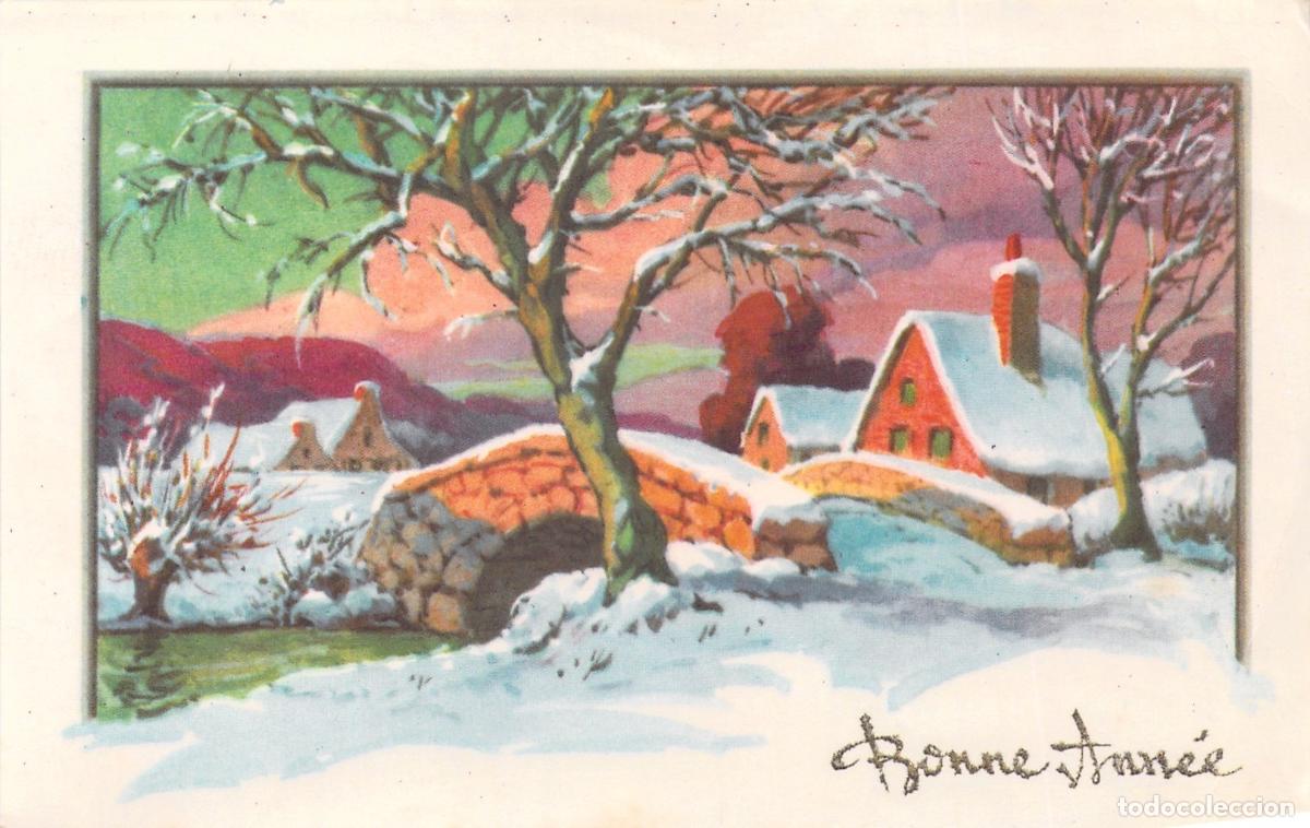 Cartes Postales: Postal Francesa de A&ntilde;o Nuevo con Paisaje Nevado y Puente