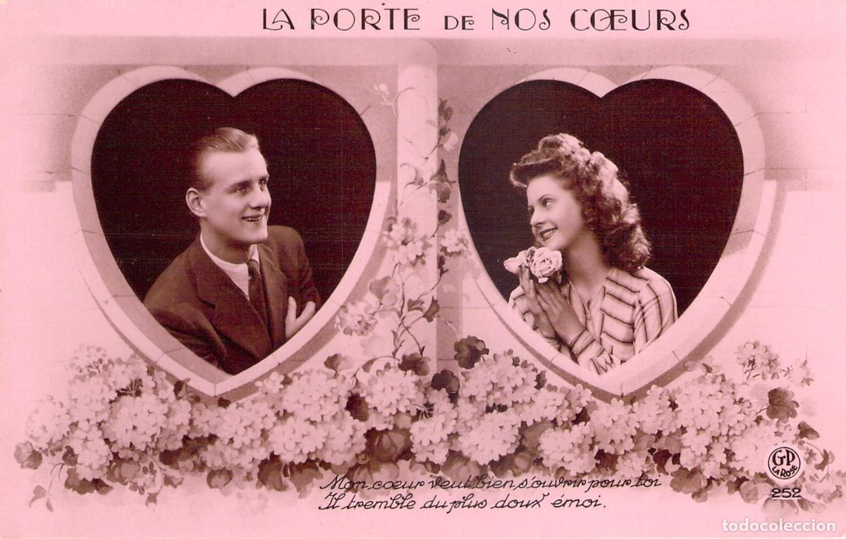 Postales: Postal Rom&aacute;ntica Francesa con Retratos de Pareja en Corazones