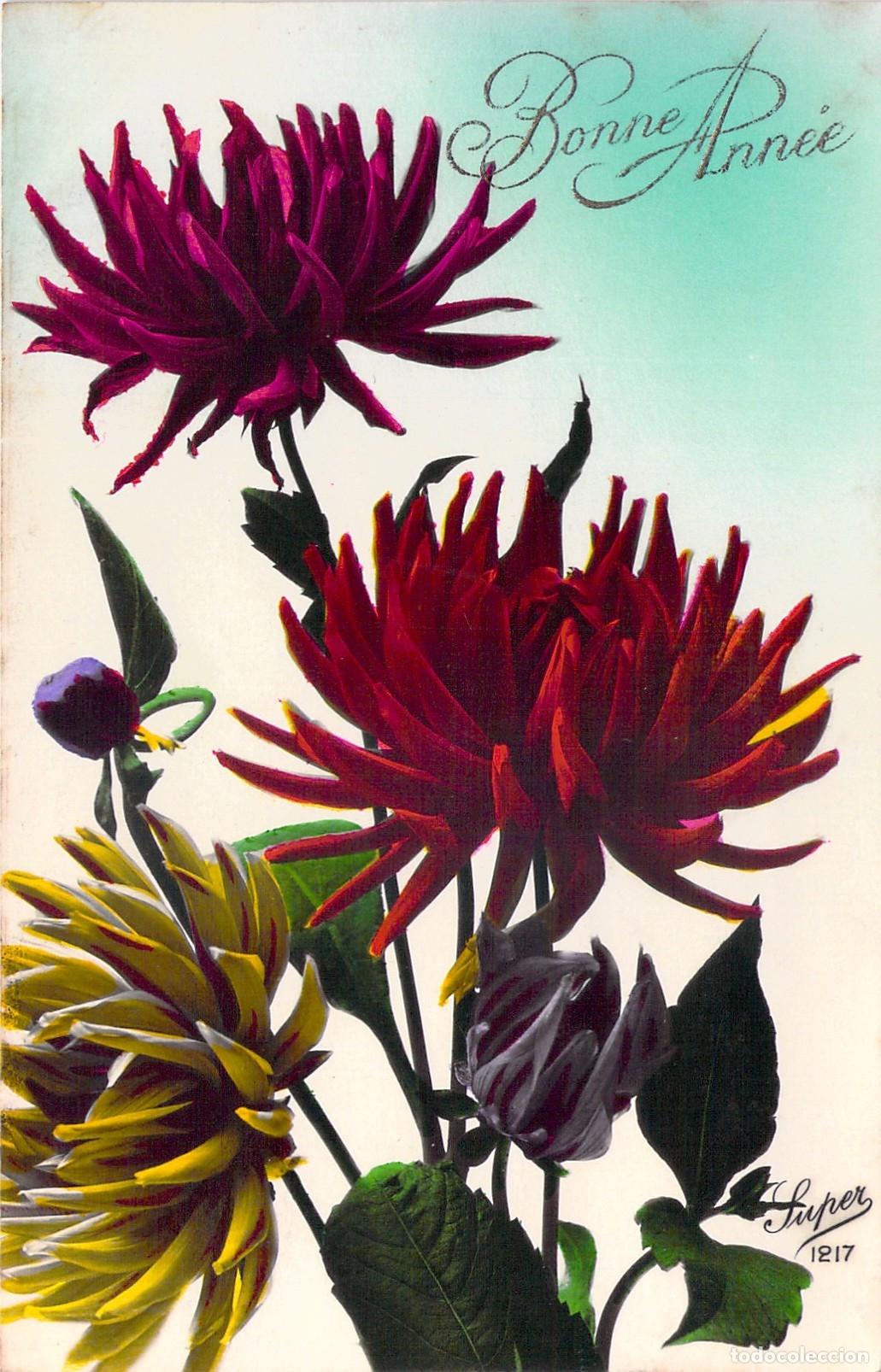 Postales: Postal de A&ntilde;o Nuevo Bonne Ann&eacute;e con Flores de Dalias