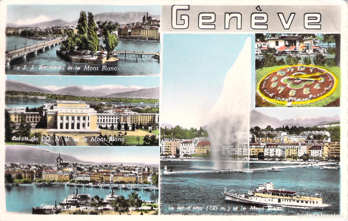 Postales: Postal multivista de Ginebra, Suiza con Jet d'Eau y Reloj de Flores