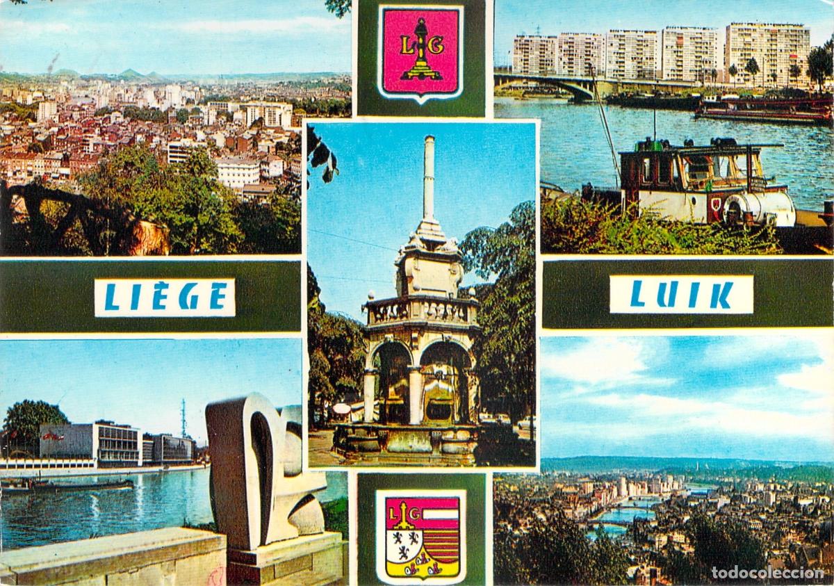 Postales: Postal Multivista de Lieja B&eacute;lgica Monumento Perron y R&iacute;o Mosa