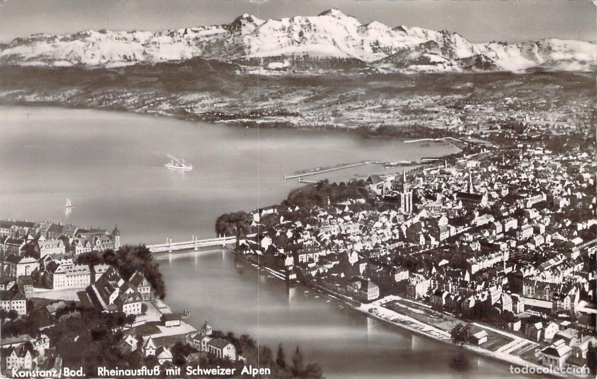 Postales: Postal de Konstanz y el Lago de Constanza con los Alpes Suizos