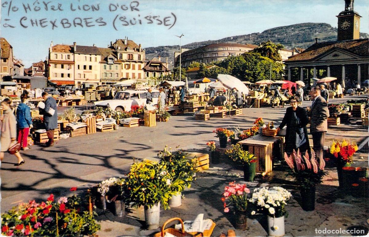Postales: Postal de Vevey Suiza Mercado al Aire Libre con Puestos de Flores