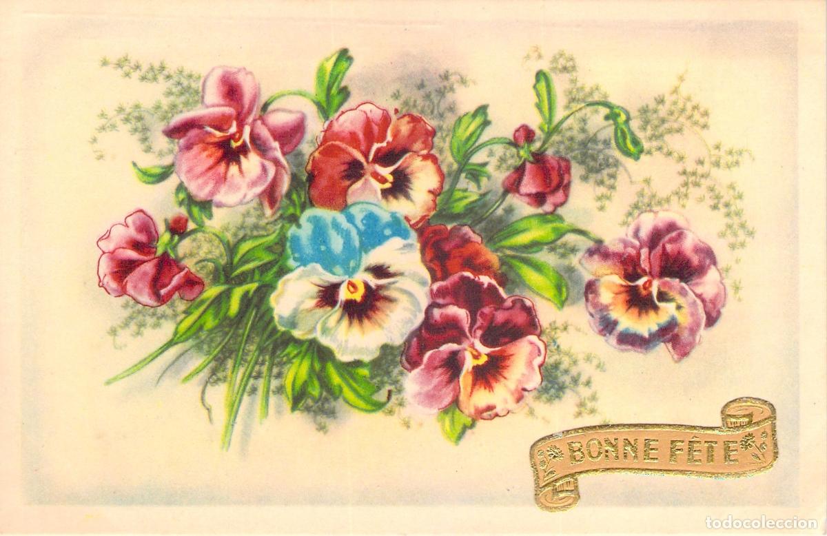 Postales: Postal Bonne F&ecirc;te con Ilustraci&oacute;n de Flores Pensamientos