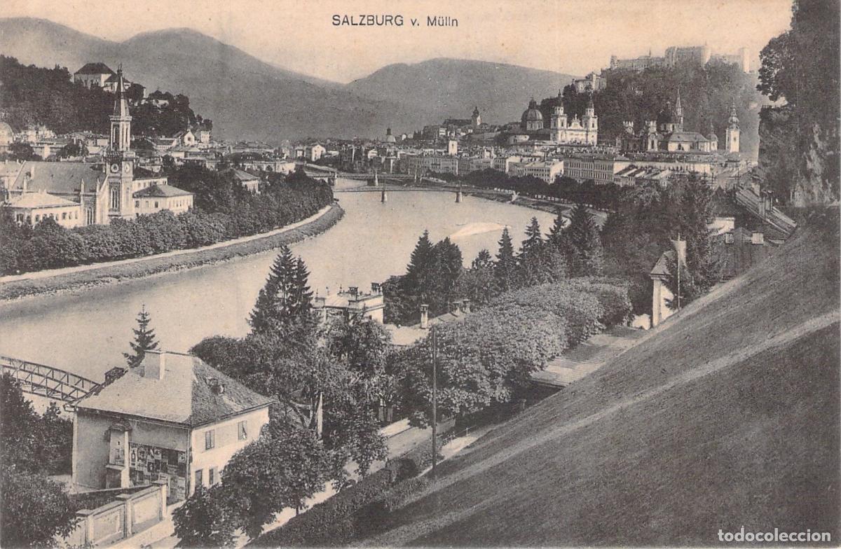 Postales: Postal de Salzburgo desde M&uuml;lln con Vista al R&iacute;o y la Fortaleza