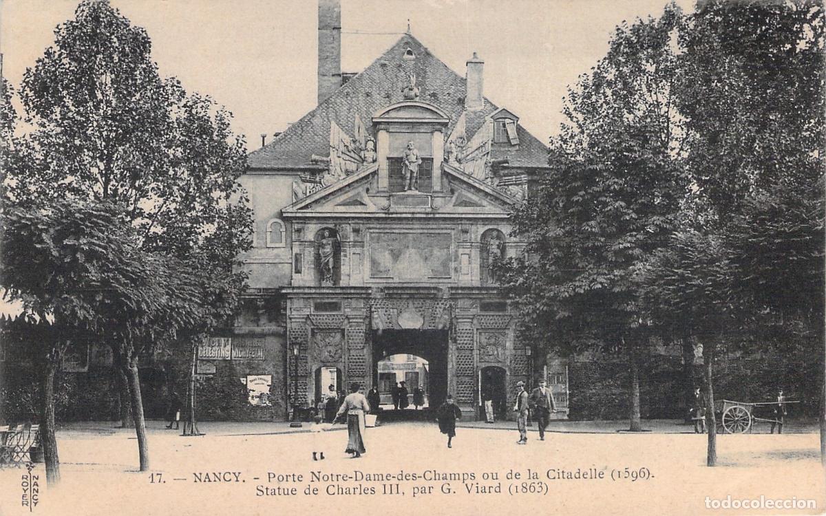 Postales: Postal de Nancy: Porte Notre-Dame-des-Champs y Estatua de Carlos III