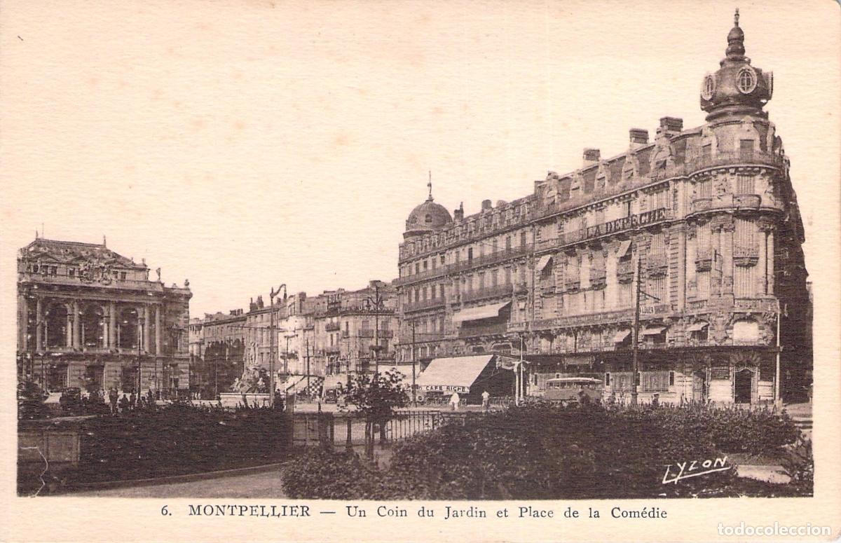 Postkarten: Postal Antigua de Montpellier: Place de la Com&eacute;die y Jard&iacute;n