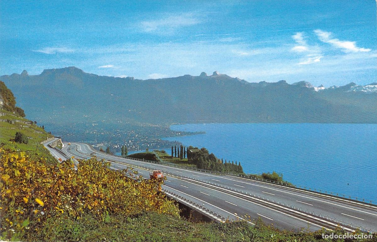 Postales: Postal de la Autopista del Simpl&oacute;n entre Lausana y Vevey Suiza
