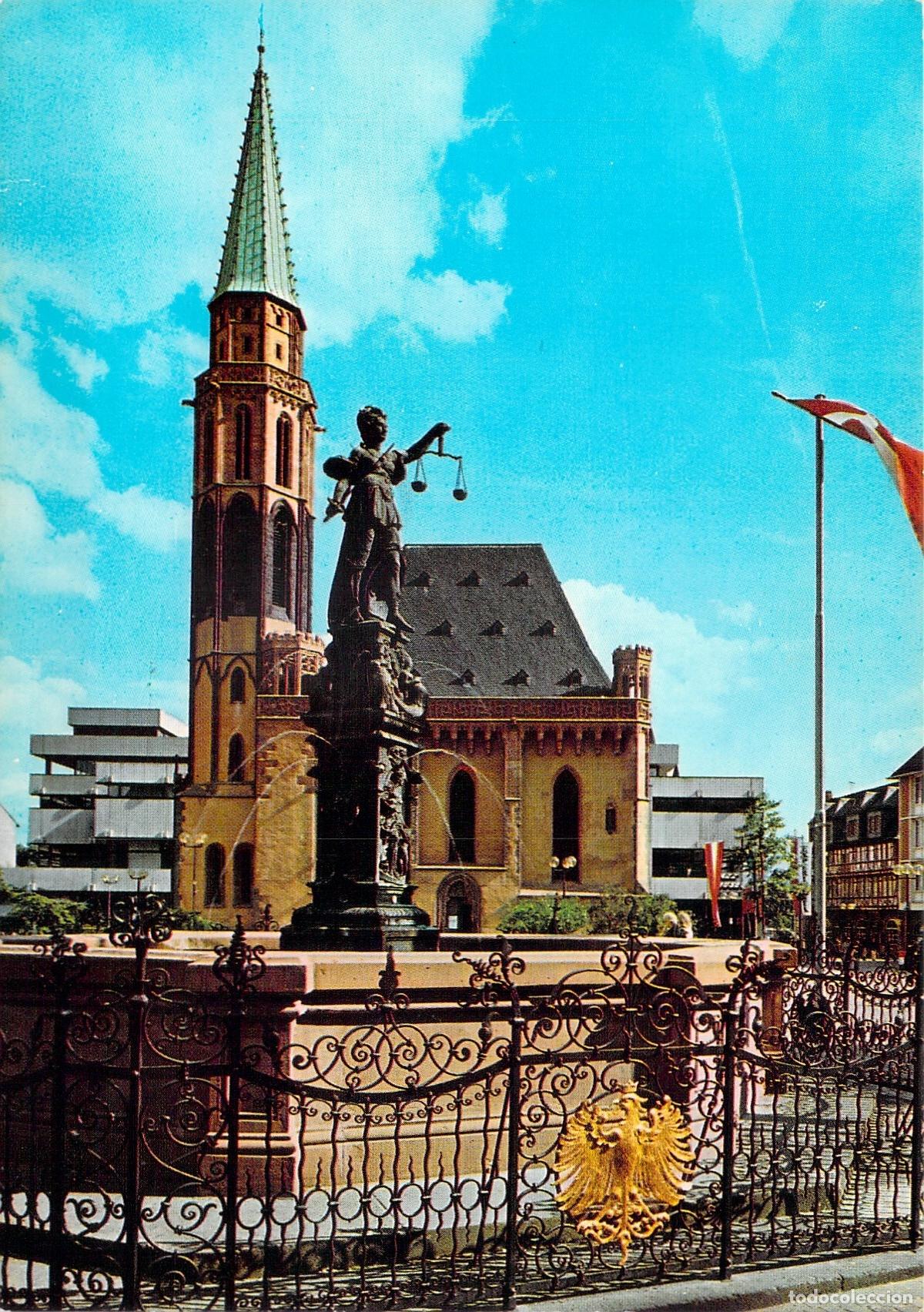 Postales: Postal de la Fuente de la Justicia e Iglesia de San Nicol&aacute;s en Frankfurt