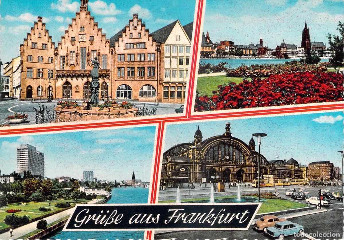 Postales: Postal Multivista de Frankfurt am Main con R&ouml;mer y Estaci&oacute;n