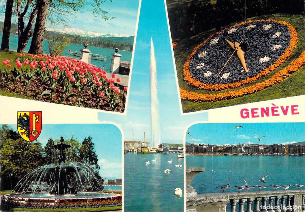 Postales: Postal Multivista de Ginebra Suiza, Reloj de Flores y Jet d'Eau
