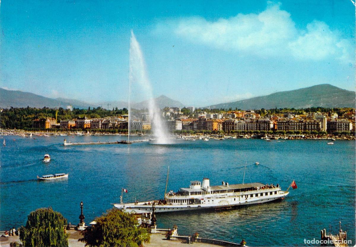 Postales: Postal de Ginebra: El Lago Lem&aacute;n con el Jet d'Eau y el Mont-Blanc