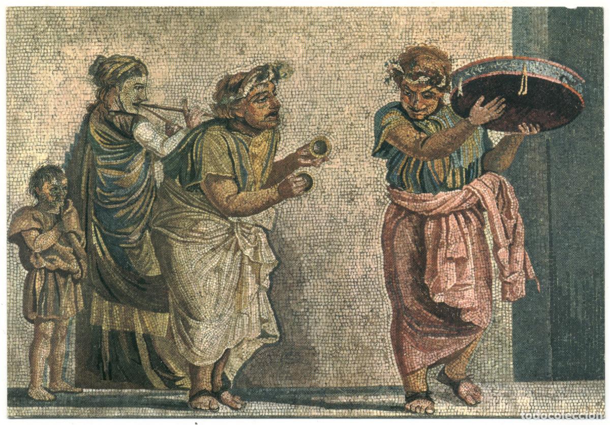 Postales: SUONATORI AMBULANTI, mosaico di Dioskurid&egrave;s di SAMO (Villa di Cicerone. POMPEI)_Interdipress & P. Ma
