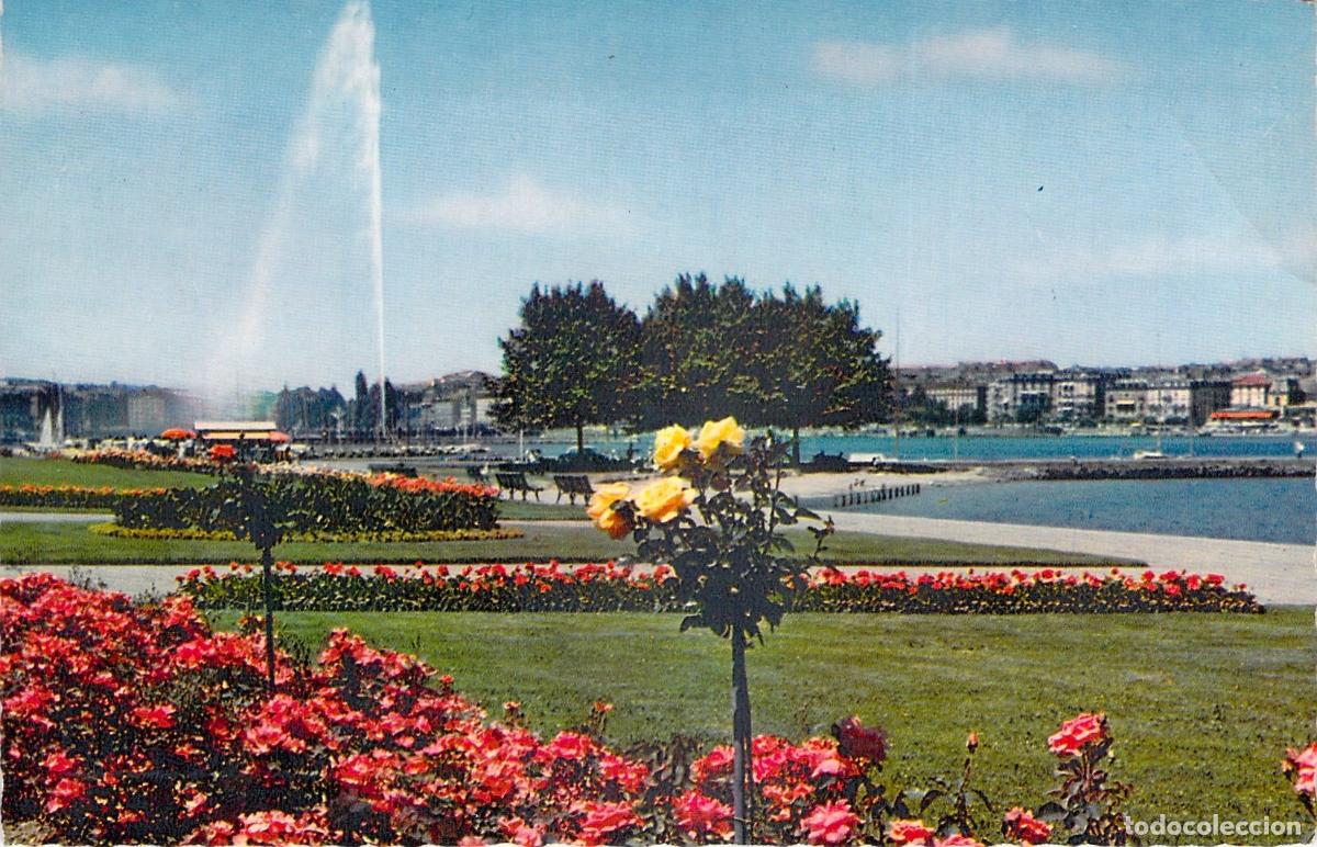 Postales: Postal de Ginebra: Quai Gustave-Ador y el Jet d'Eau, Suiza