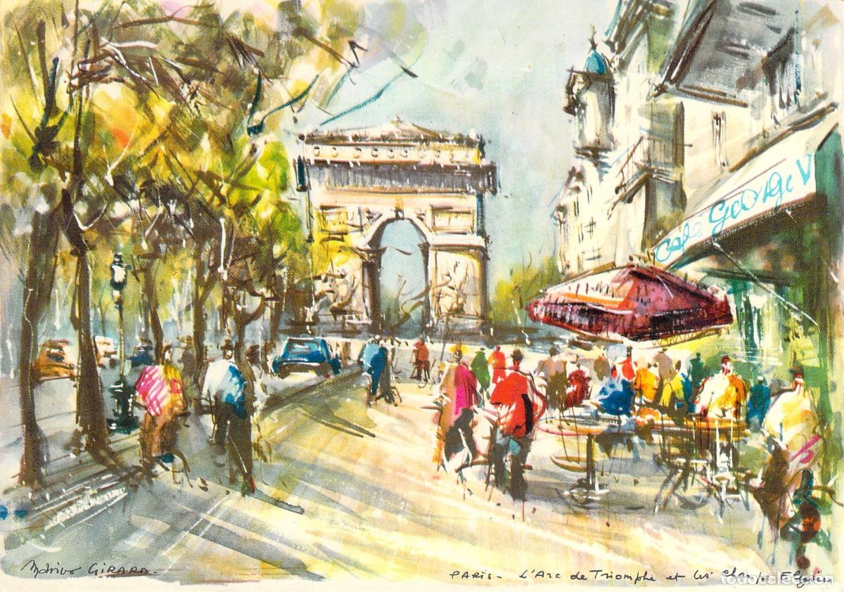 Postcards: Postal Ilustrada de Par&iacute;s Arco del Triunfo y Campos El&iacute;seos por Marius Girard