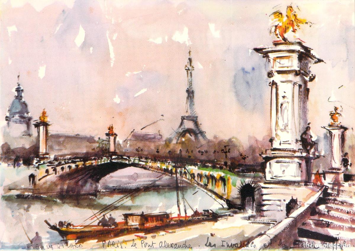 Postcards: Postal de Par&iacute;s Ilustraci&oacute;n de Puente Alejandro III y Torre Eiffel