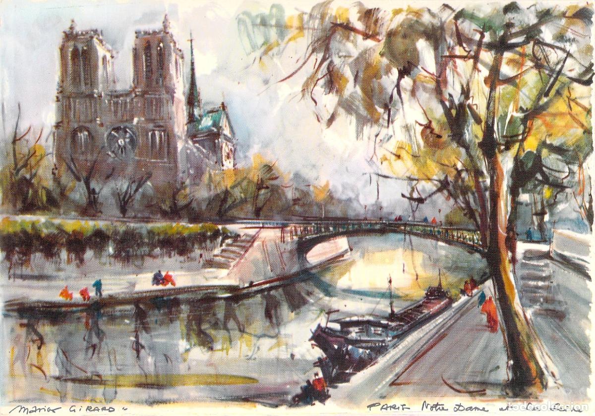 Postcards: Postal Art&iacute;stica de Par&iacute;s Notre Dame y el R&iacute;o Sena por Marius Girard