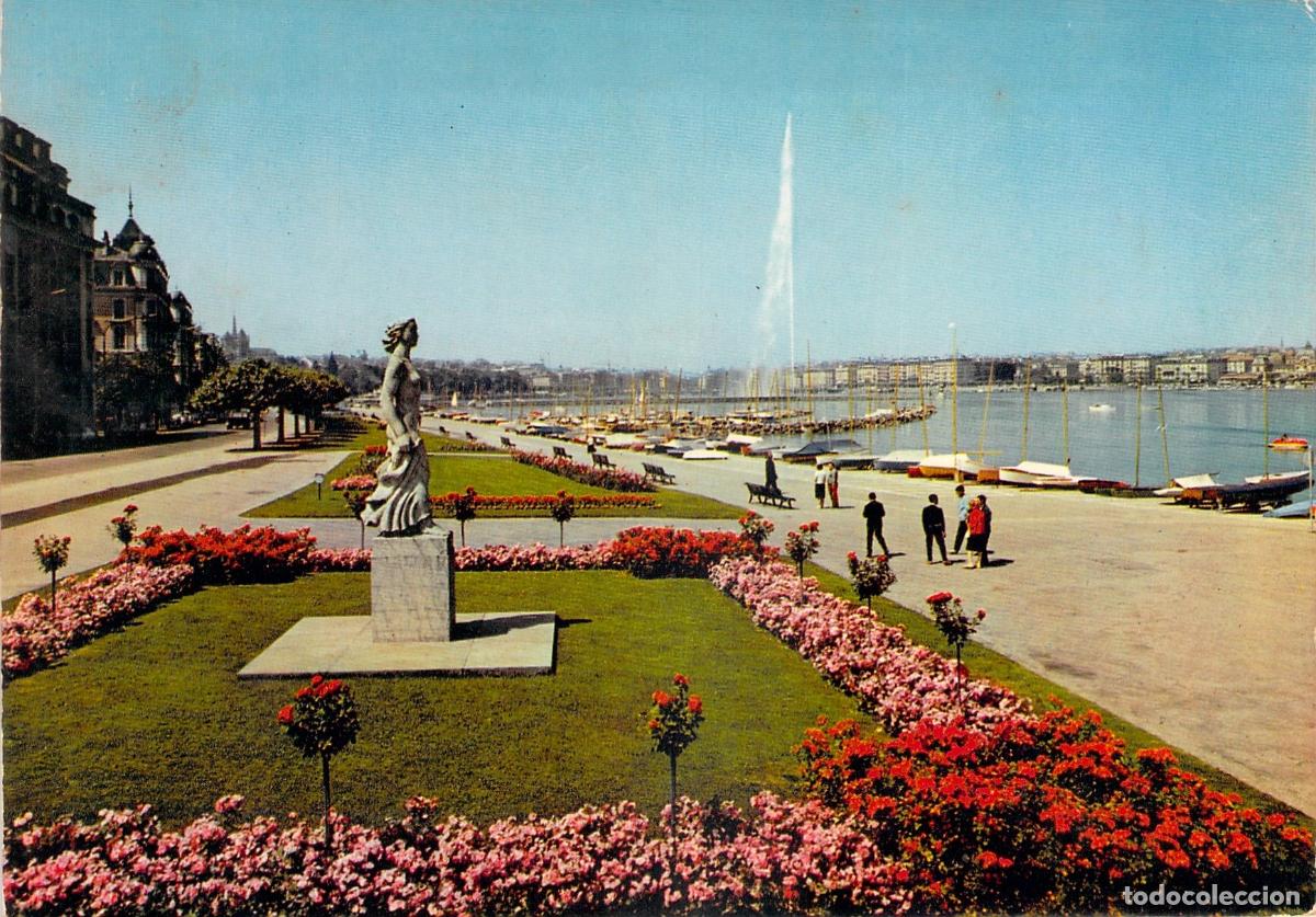 Postales: Postal de Ginebra Quai Gustave Ador Estatua de la Brise y Jet d'Eau