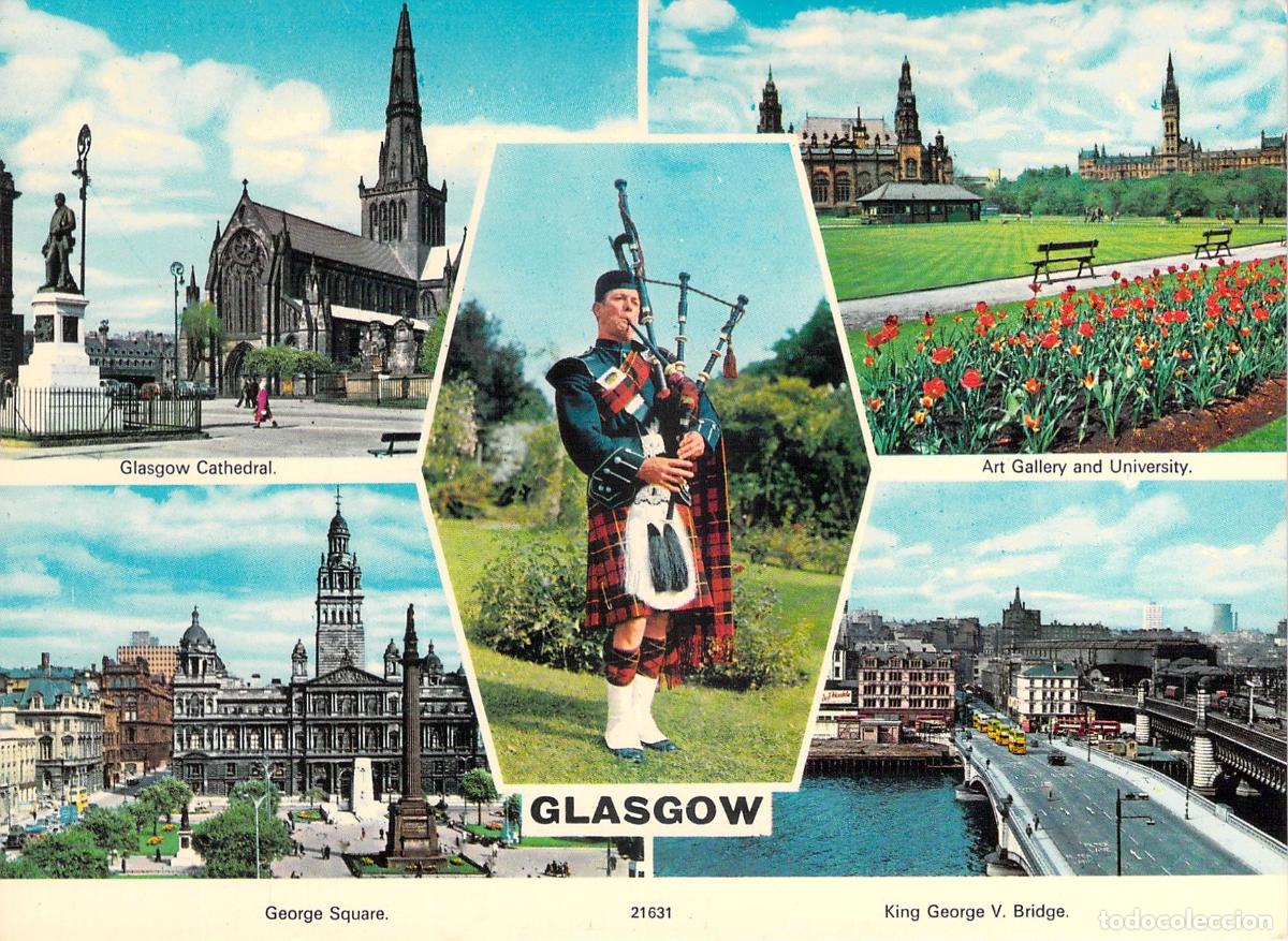 Postales: Postal Tur&iacute;stica Multivista de Glasgow Escocia con Gaitero