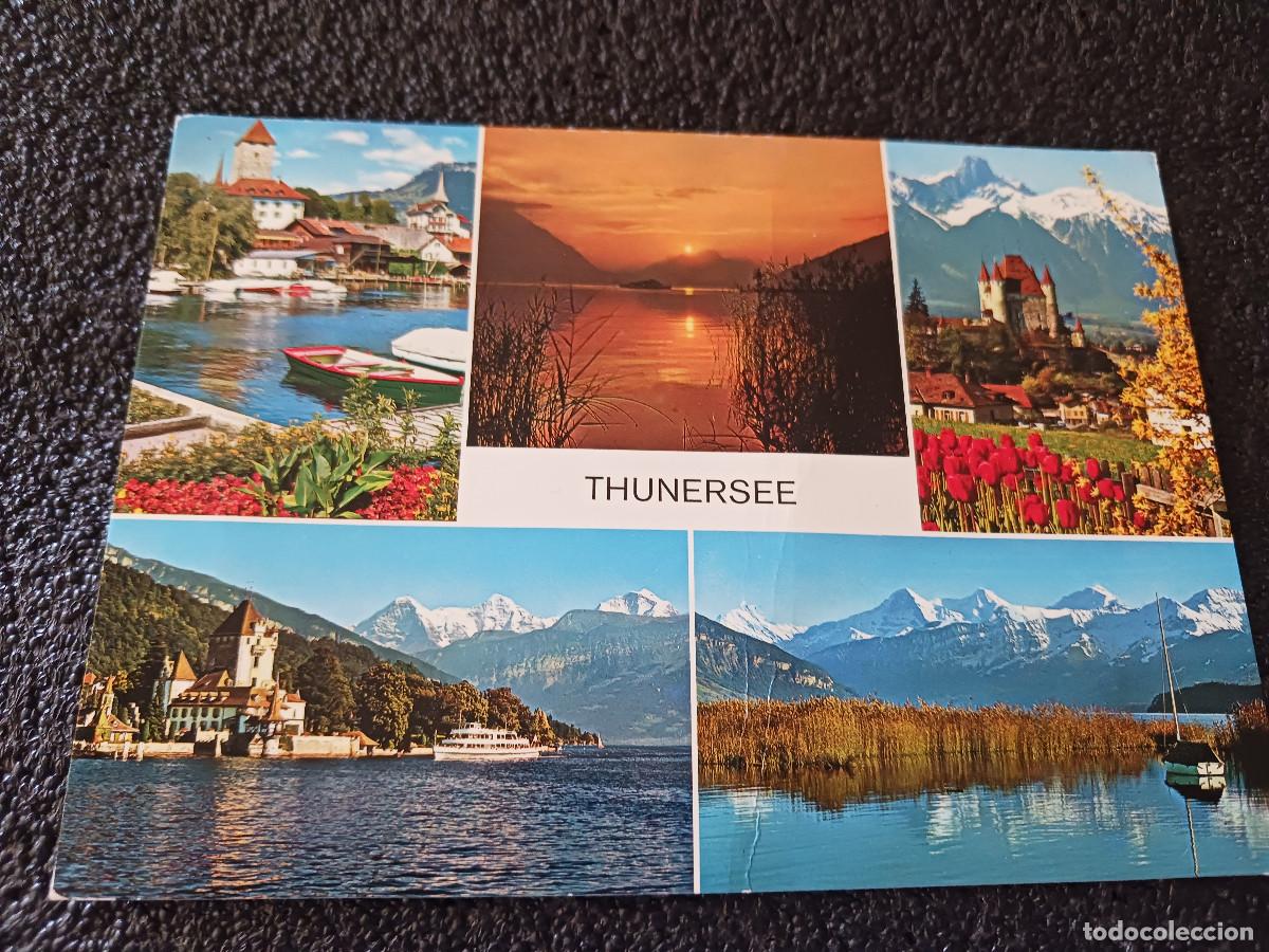 Postales: atardecer en el lago de thun, suiza, escrta