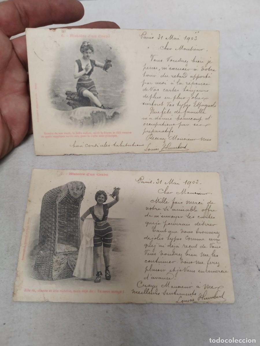 Postales: Dos antigua tarjetas postales, serie Histoire d'un crabe, Historia de un cangrejo. 1903 por Bergeret