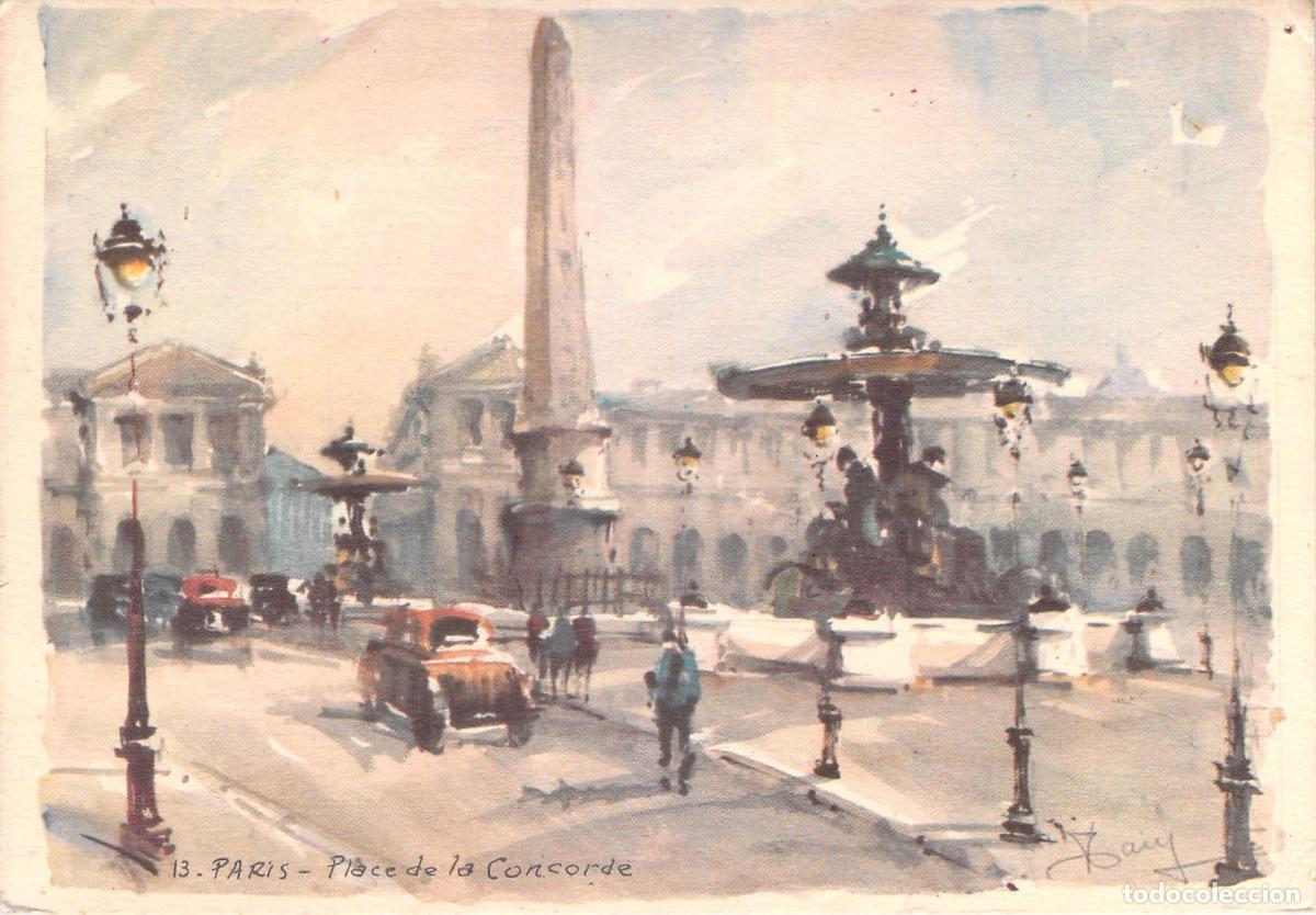 Cartoline: Postal de Par&iacute;s, Place de la Concorde con Ilustraci&oacute;n de Acuarela