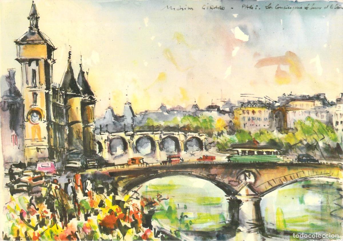 Cartoline: Postal Art&iacute;stica de Par&iacute;s La Conciergerie y el Sena por Marius Girard