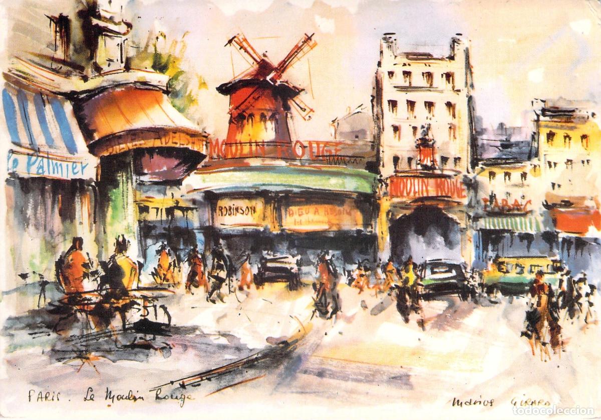 Cartoline: Postal Art&iacute;stica de Par&iacute;s Moulin Rouge por Marius Girard