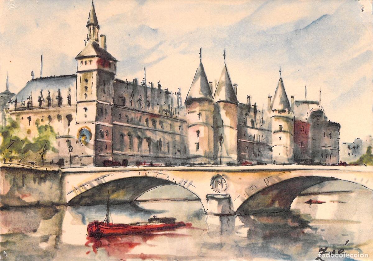 Cartoline: Postal art&iacute;stica de Par&iacute;s - La Conciergerie y el r&iacute;o Sena