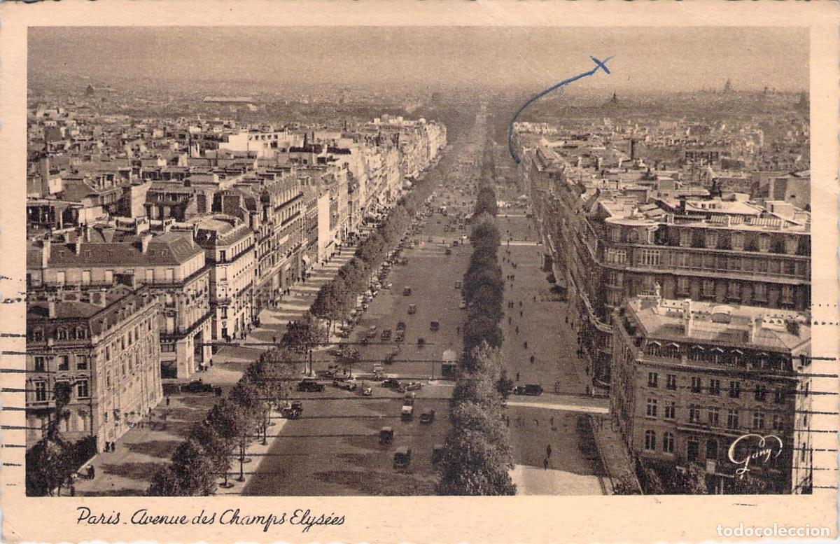 Postkarten: Postal de la Avenida de los Campos El&iacute;seos en Par&iacute;s con Vista A&eacute;rea