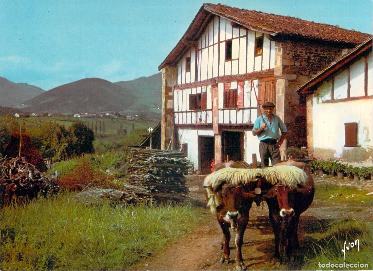 Postales: Postal del Pa&iacute;s Vasco Franc&eacute;s con Caser&iacute;o y Yunta de Bueyes