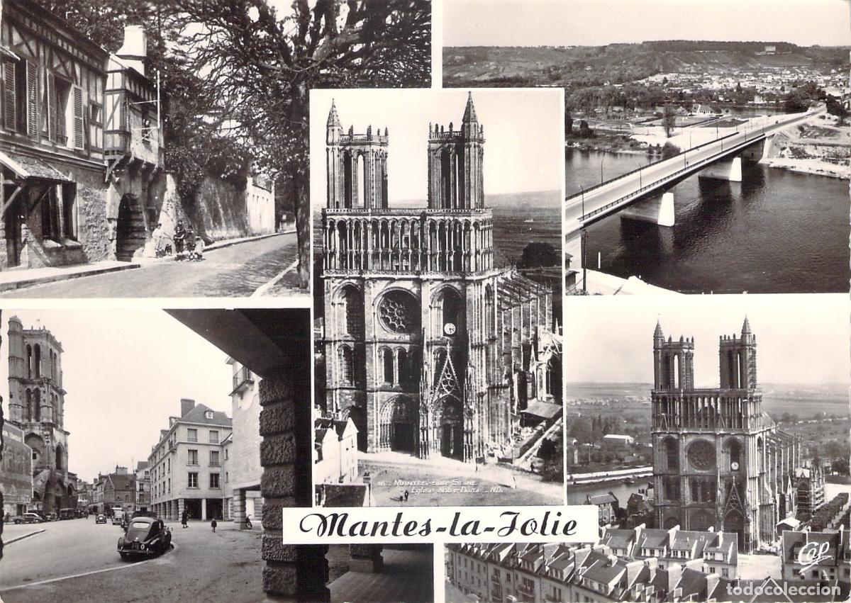 Postales: Postal Multivista de Mantes-la-Jolie Francia Catedral y Puente