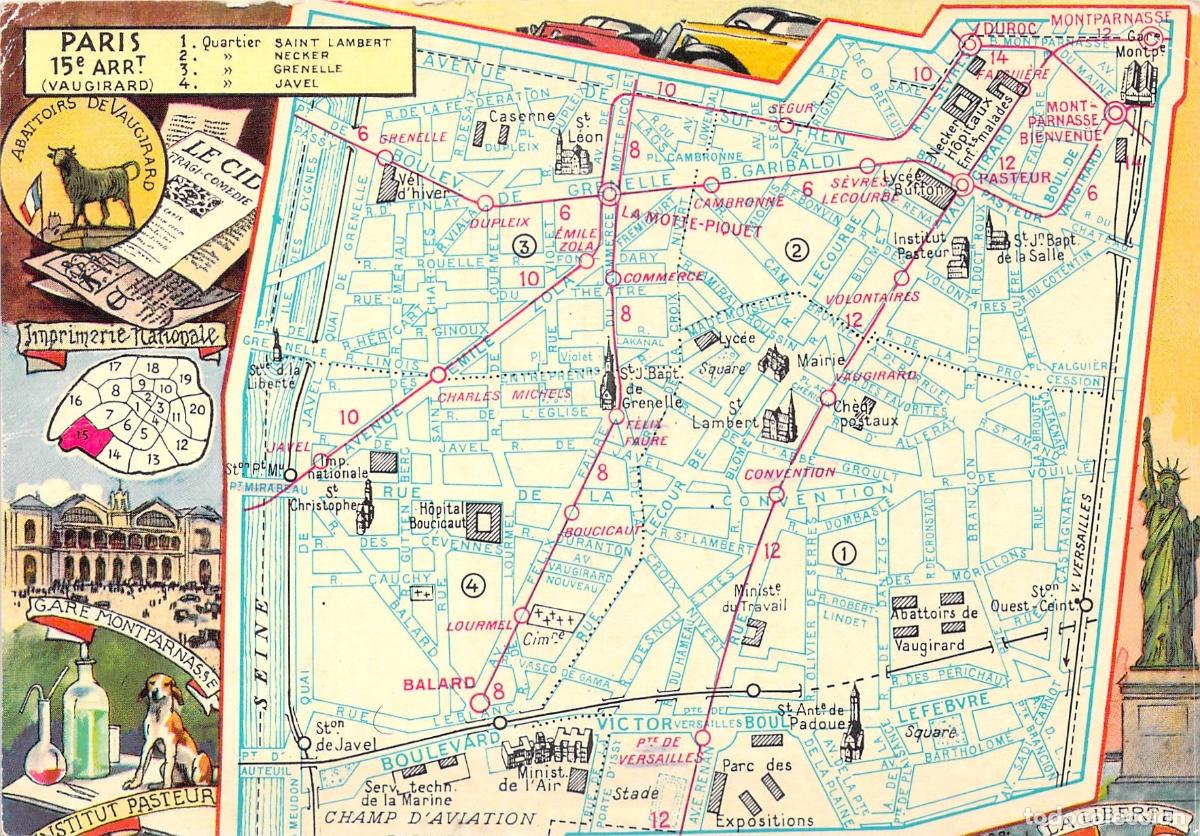 Cartoline: Postal Ilustrada del Mapa del Distrito 15 de Par&iacute;s Vaugirard