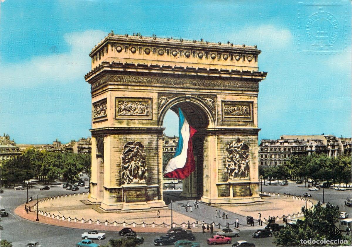 Cartoline: Tarjeta Postal del Arco del Triunfo de Par&iacute;s con Bandera de Francia
