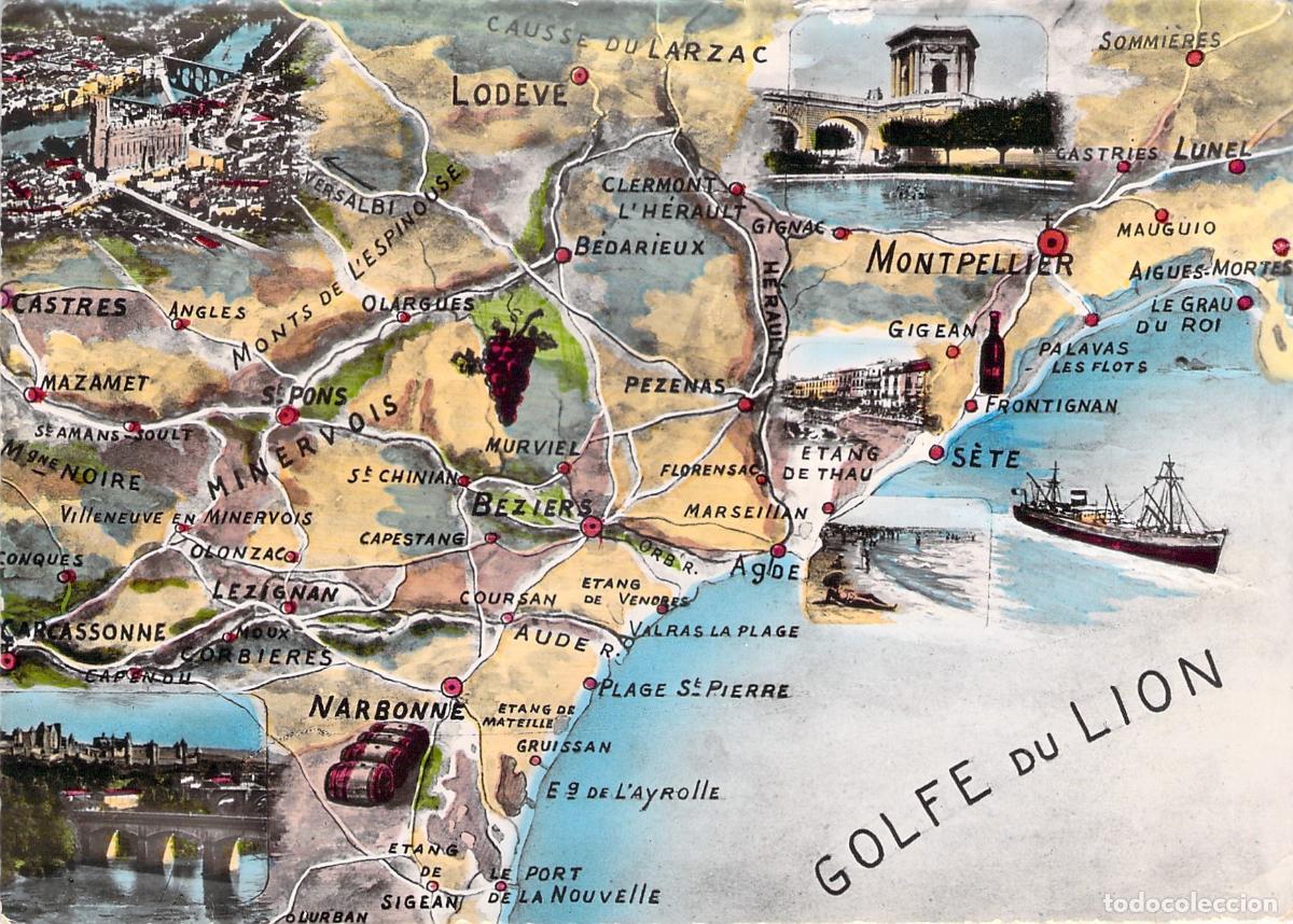 Postales: Postal Ilustrada del Mapa del Golfo de Le&oacute;n, Francia