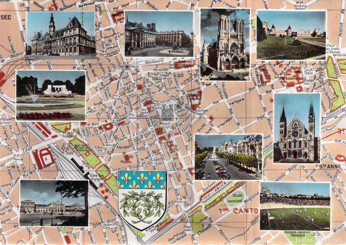 Postales: Postal Souvenir de Reims Francia con Mapa y Vistas Tur&iacute;sticas