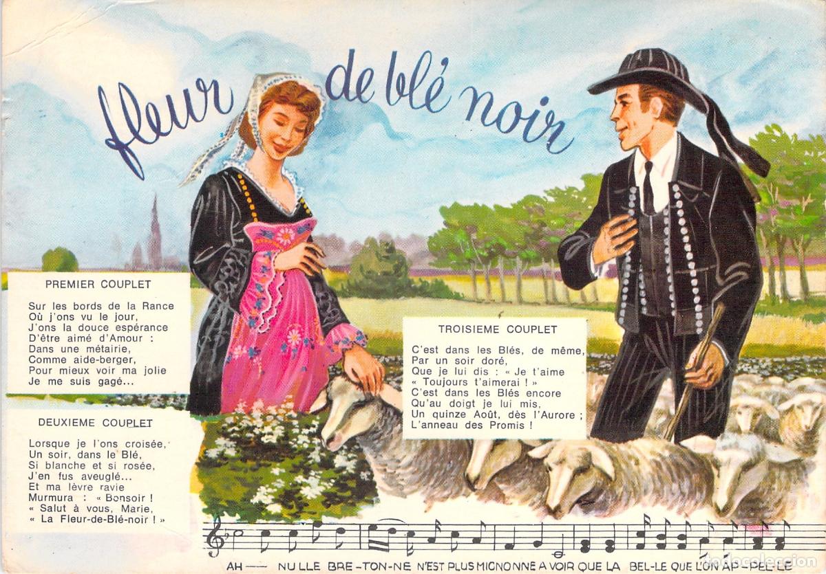 Postales: Postal Ilustrada Canci&oacute;n Fleur de Bl&eacute; Noir Traje T&iacute;pico Bret&oacute;n