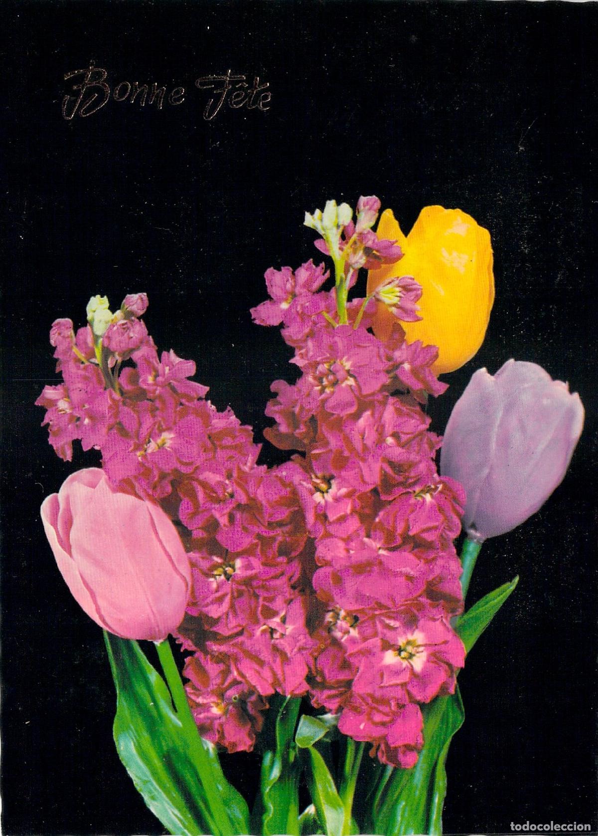Postkarten: Postal de Felicitaci&oacute;n Bonne F&ecirc;te con Hermosas Flores y Tulipanes