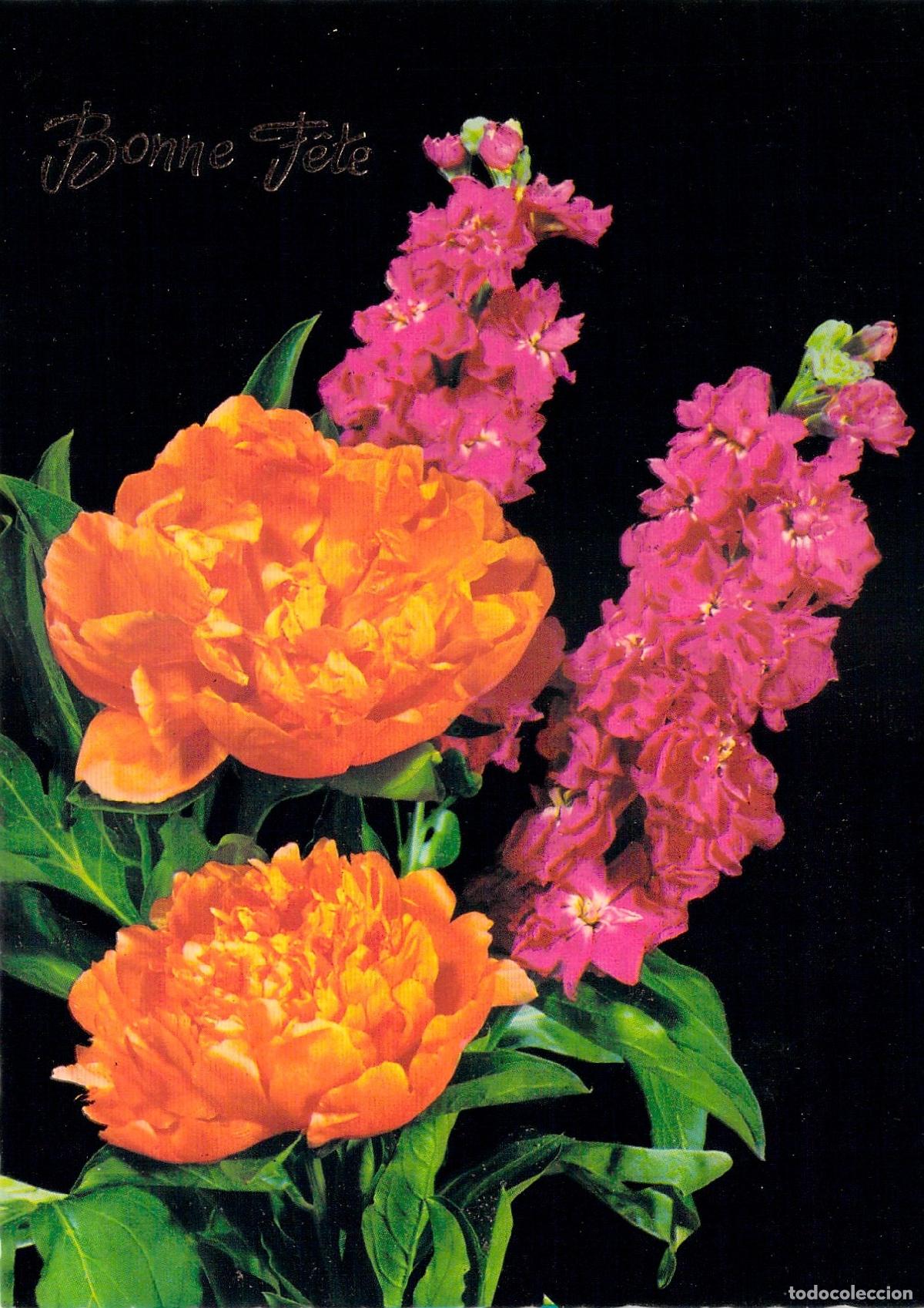 Postkarten: Tarjeta Postal Bonne F&ecirc;te con Flores Peon&iacute;as Naranjas