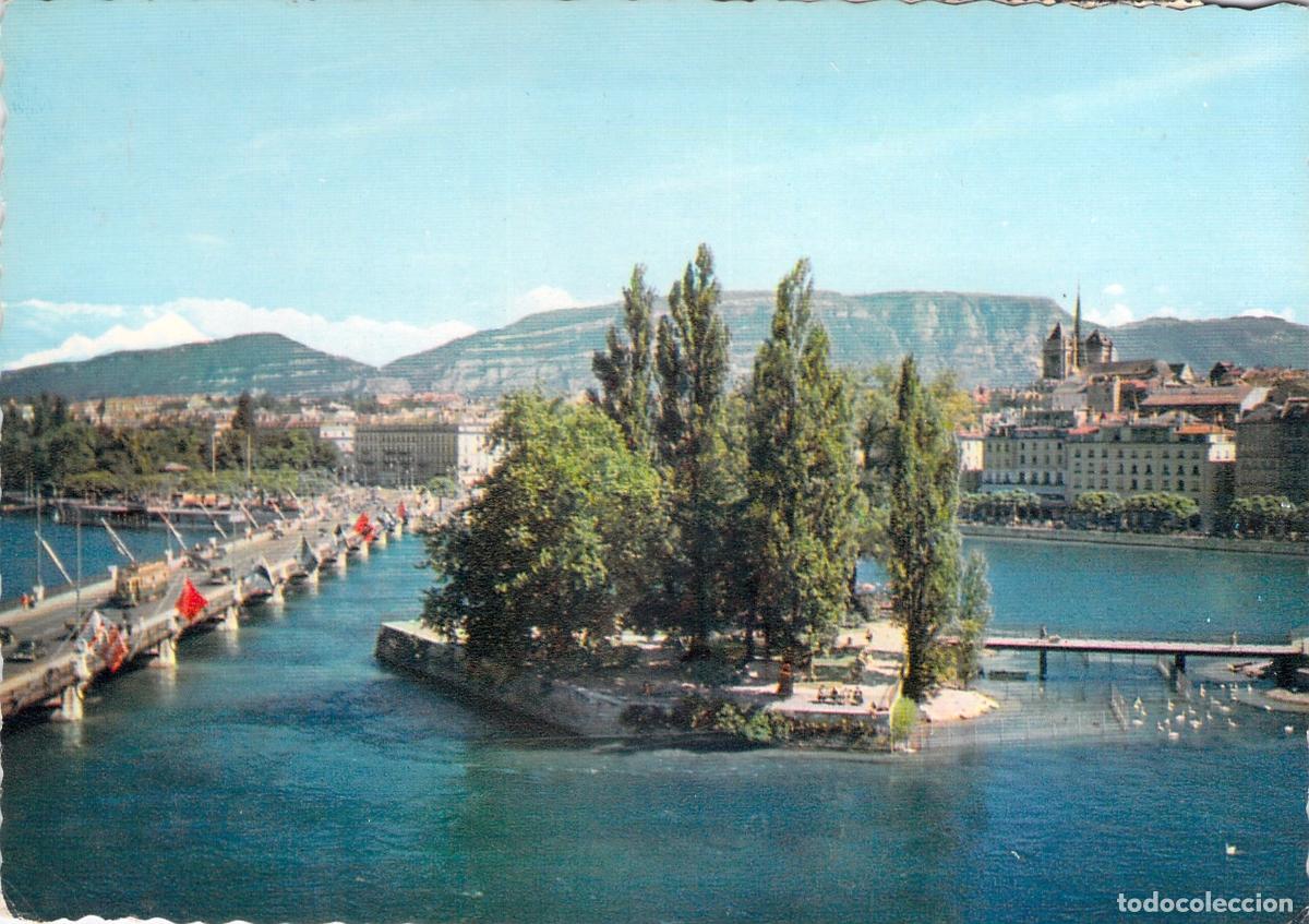 Cartes Postales: Postal de Ginebra: Vista del R&oacute;dano, Isla Rousseau y Catedral