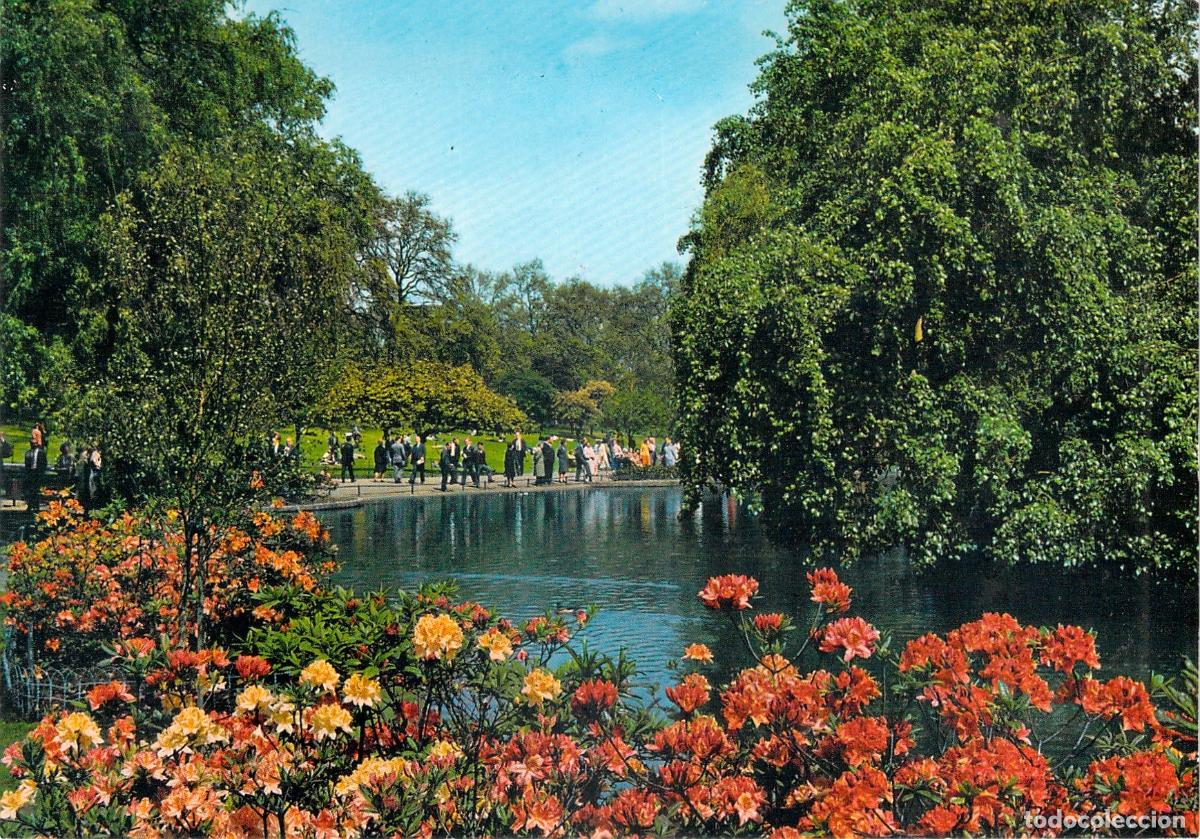 Cartes Postales: Postal de St. James Park en Londres con Flores y Lago